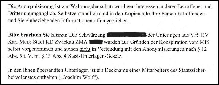 Stasi Unterlagen Archiv zu den Schwärzungen in den Dokumenten und dem IM Wolf