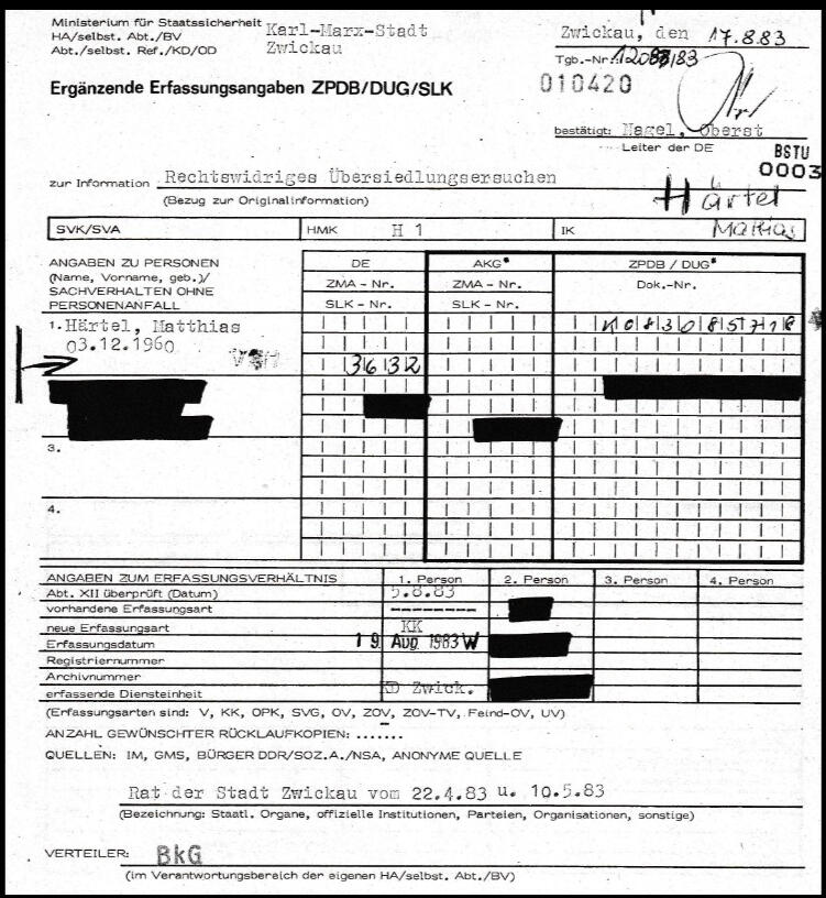 Ermittlungsbogen der STASI